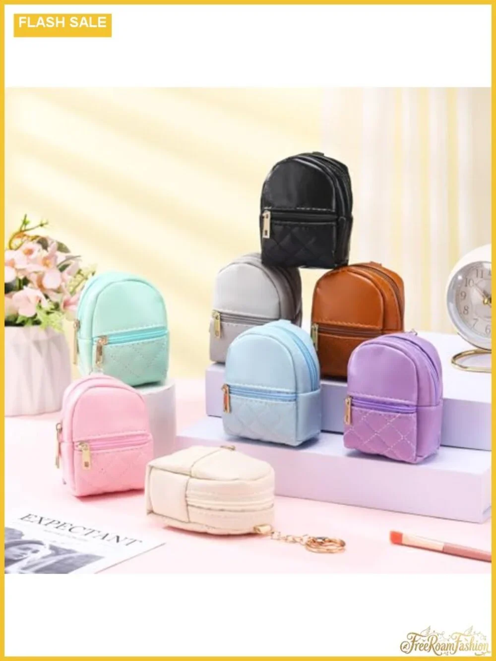 Mini Backpack Coin Purse PU Leather with Keychain Card Slots Lipstick Holder